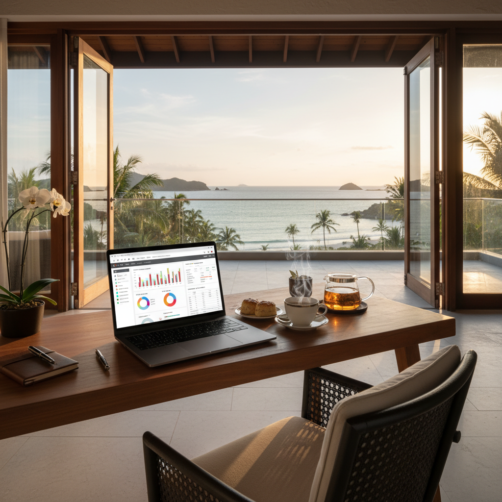 A sophisticated home office setup in a modern tropical villa with a laptop displaying a complex CRM dashboard, a cup of English tea, and a view of a foreign coastline in the background.