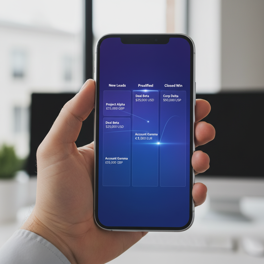 A close-up of a hand holding a high-end smartphone showing a clean, colorful sales pipeline interface with various currency symbols like GBP, USD, and EUR.