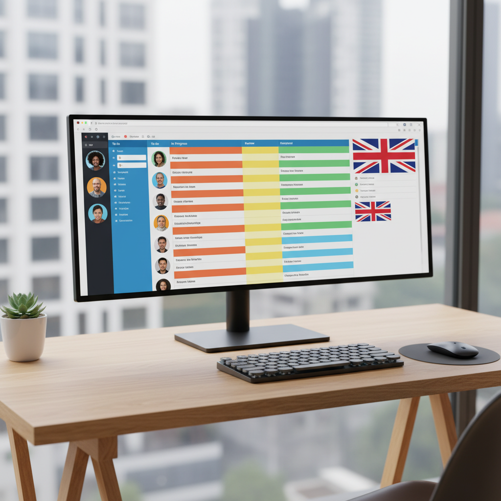 A minimalist wooden desk with a large monitor displaying a vibrant, colorful project management board with avatars of diverse team members and British flags marking specific tasks.
