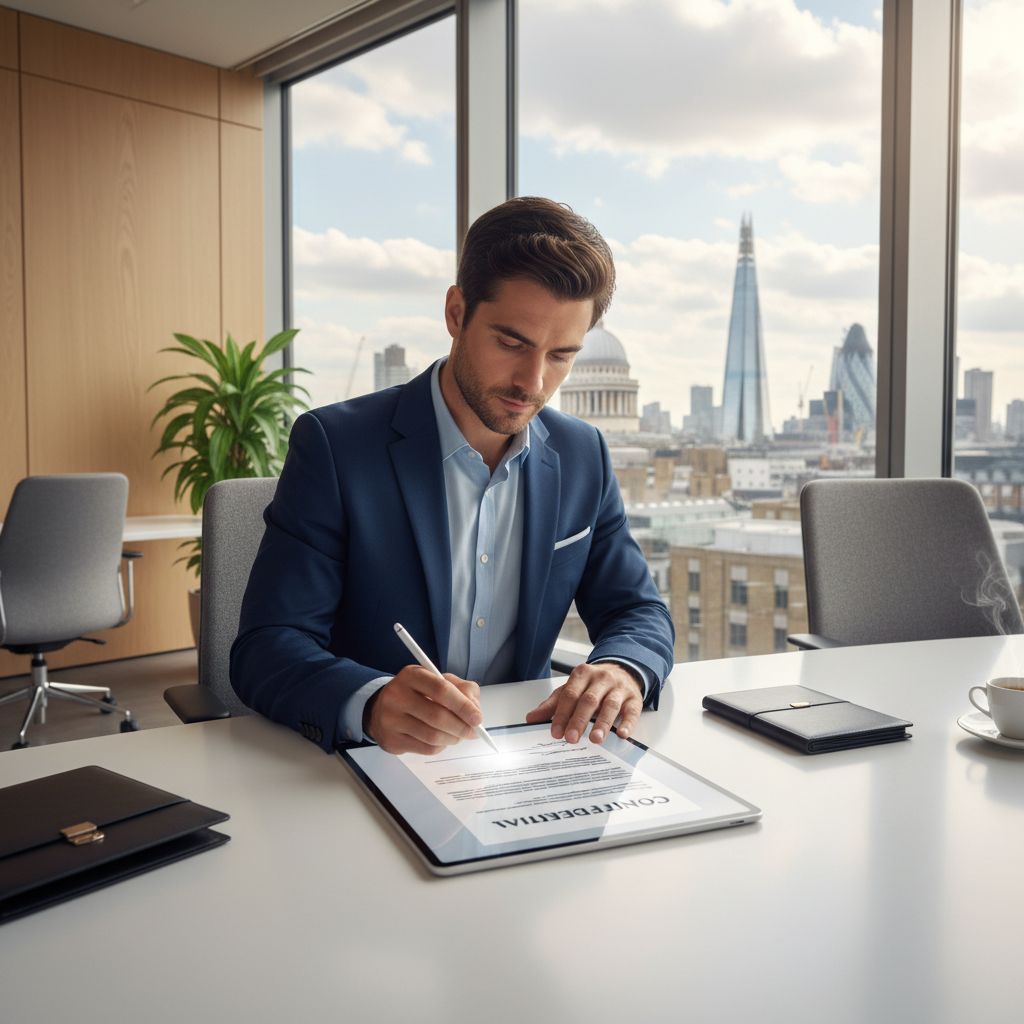 A professional entrepreneur signing digital documents on a tablet in a modern, bright London office setting with the city skyline visible through the window.