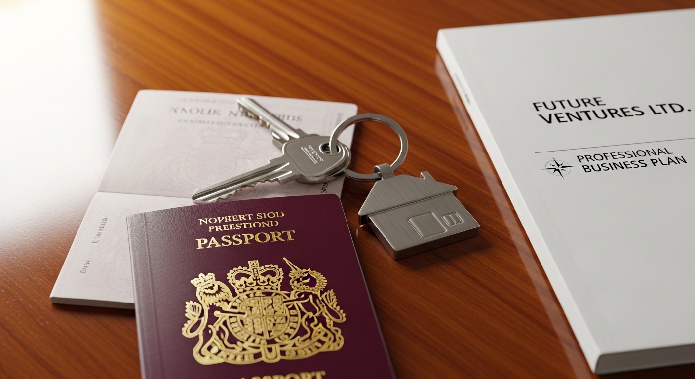 A close-up of a British passport, a set of keys, and a professional business plan resting on a polished wooden desk, symbolizing a new beginning in the UK.