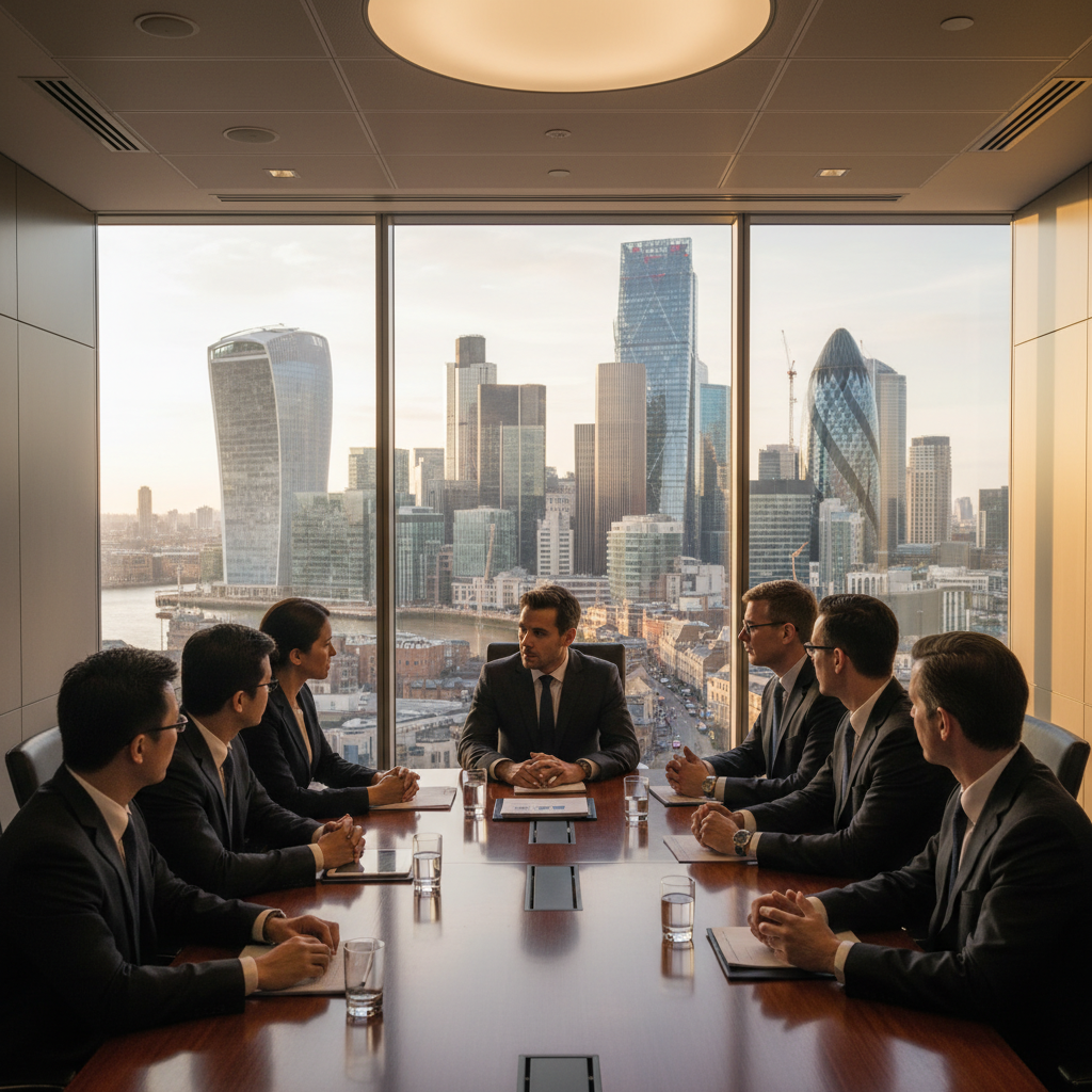 A diverse group of business professionals engaged in a serious discussion around a boardroom table in a glass-walled meeting room in Canary Wharf.
