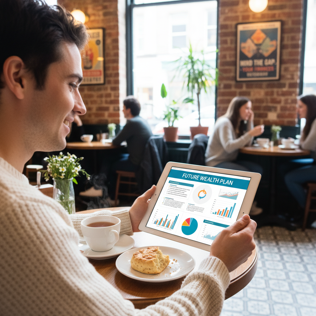A person looking relieved and happy, sitting in a bright British cafe, reviewing a clear financial roadmap on their digital tablet.