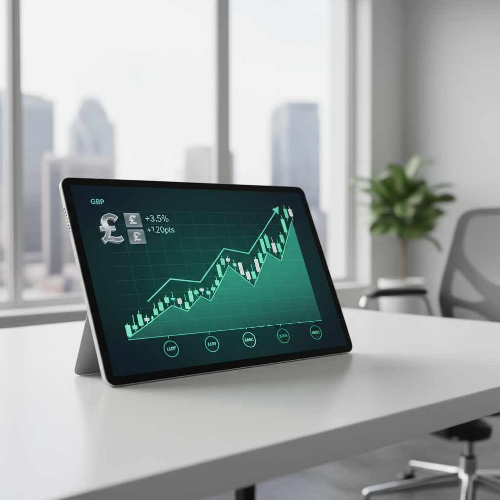 A modern digital interface showing a stock market graph with rising green lines and icons of the British Pound, displayed on a sleek tablet screen in a bright office environment.