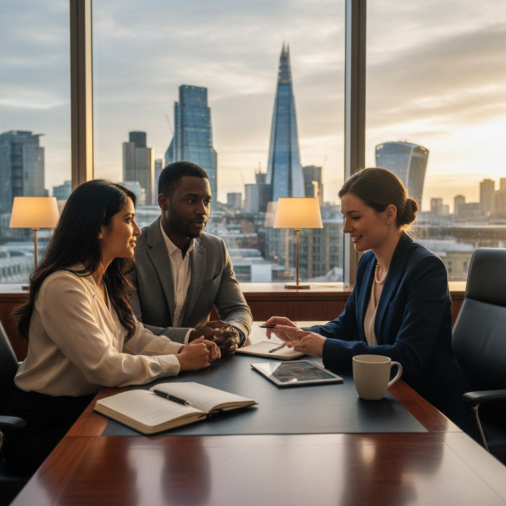 A professional financial consultant sitting across a wooden desk from a diverse couple, London skyline visible through the window, warm lighting, cinematic photography style.