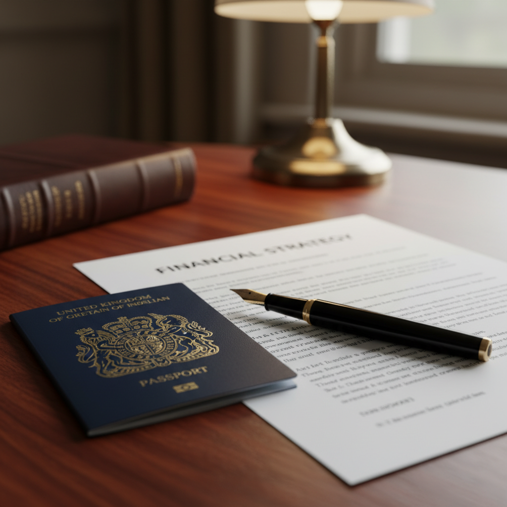 A close-up shot of a legal document titled 'Financial Strategy' with a British passport and a fountain pen on a polished mahogany table, soft focus background.