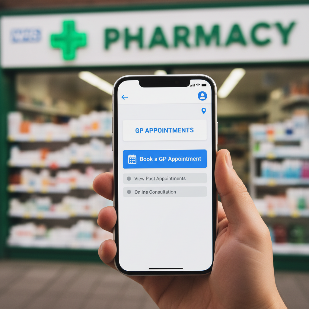 A digital health app on a smartphone screen showing a 'Book a GP Appointment' interface with a blurred British pharmacy in the background.