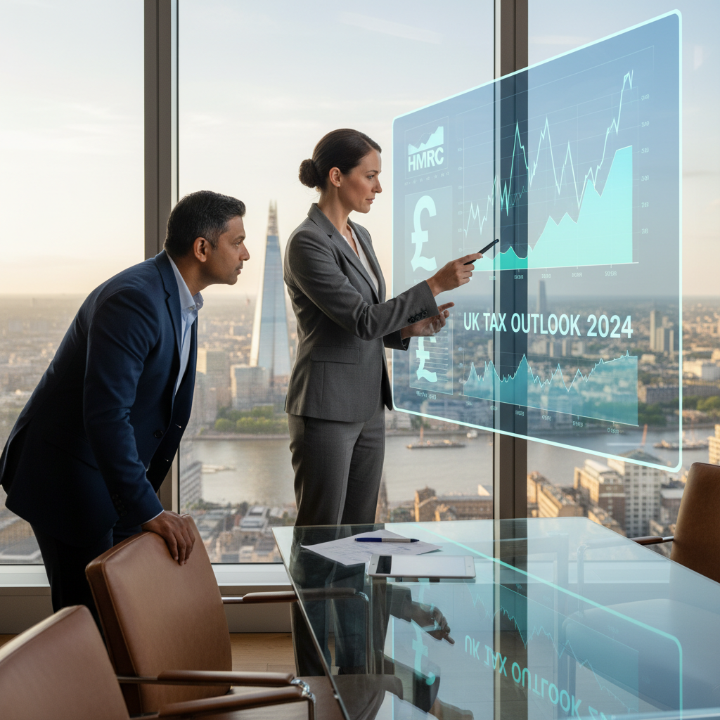A professional accountant in a high-rise London office, pointing at a digital dashboard showing global currency trends and UK tax symbols, while a diverse client listens attentively.