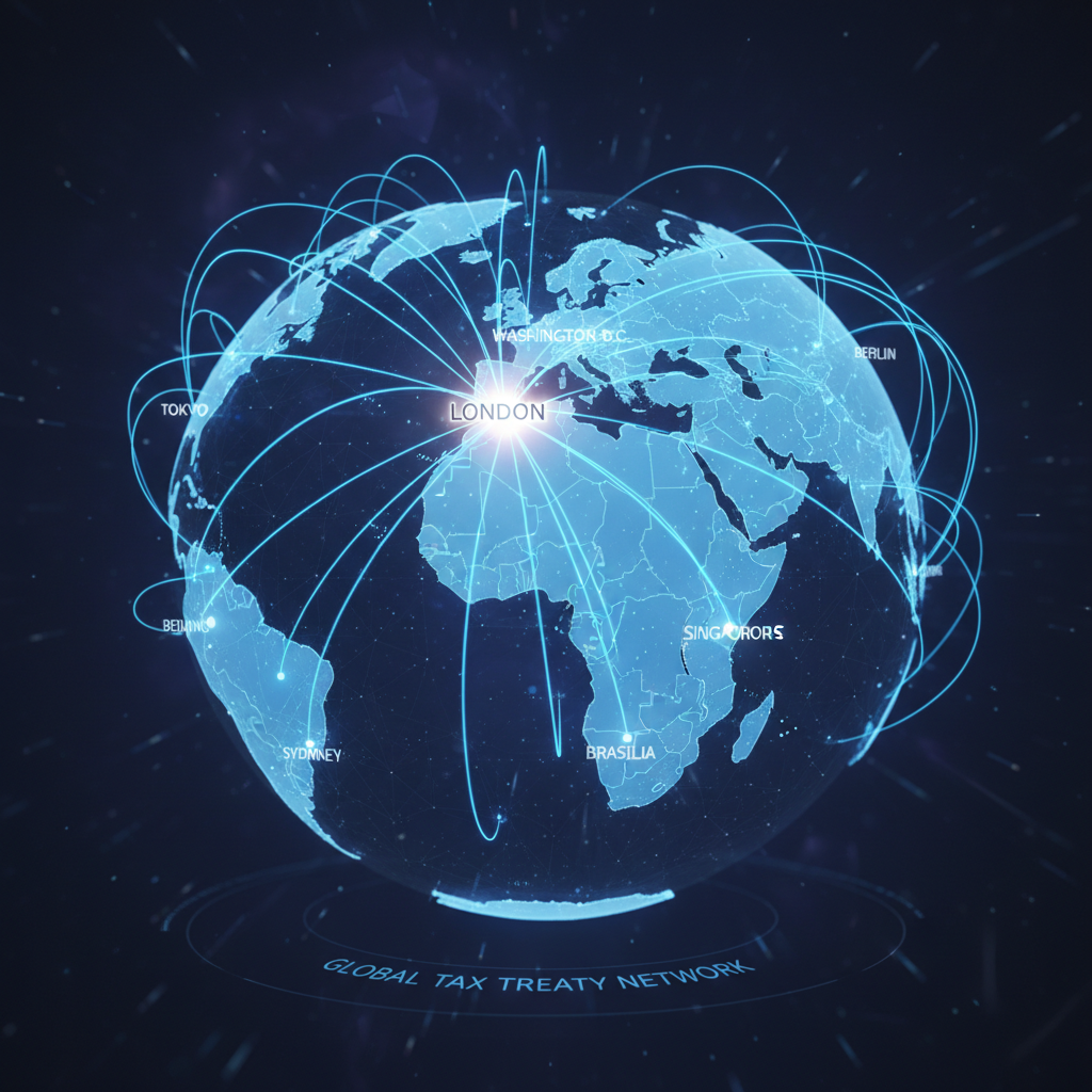 A conceptual 3D map of the world with glowing lines connecting London to various global capitals, symbolizing the network of international double taxation treaties.