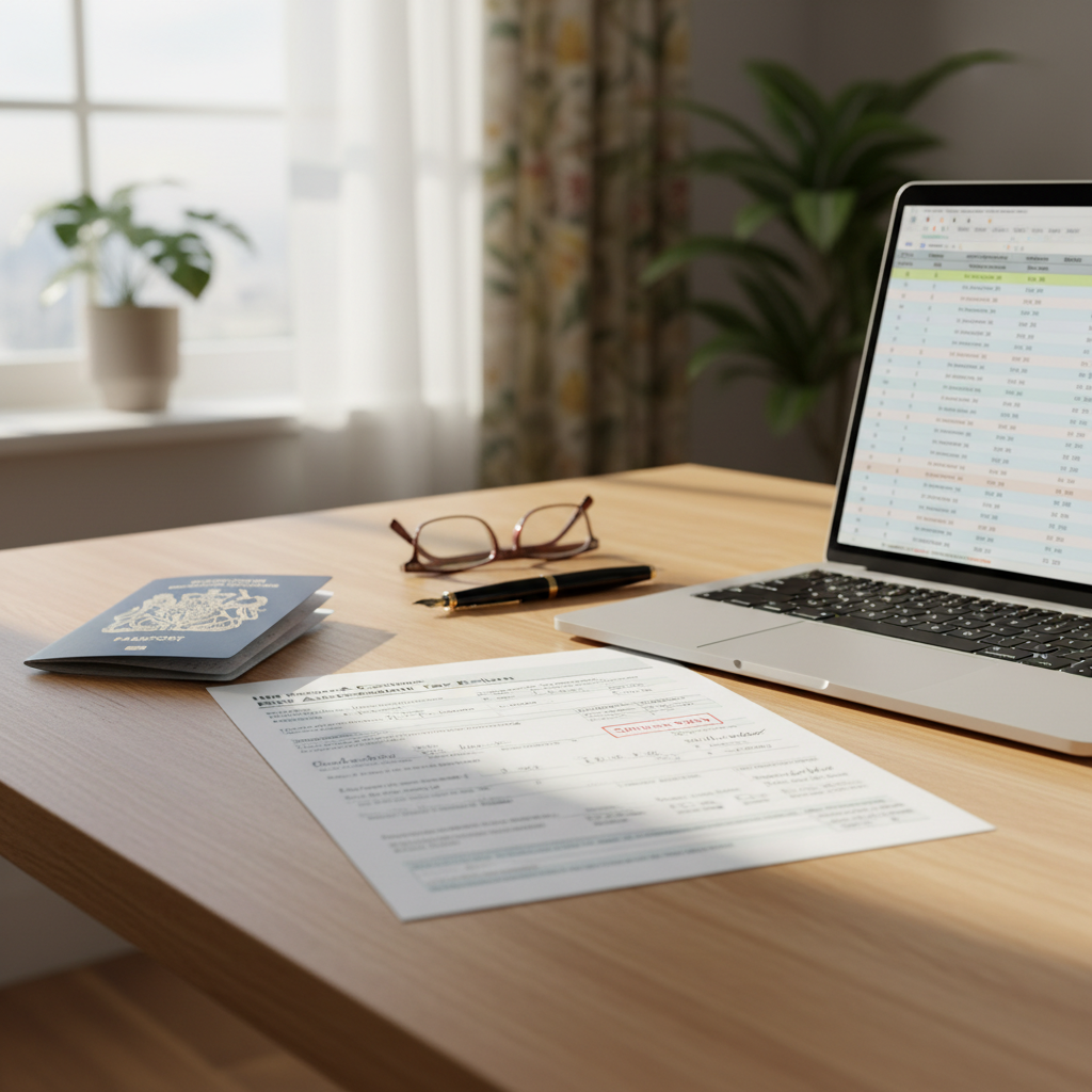 A high-quality close-up of a wooden desk featuring a British tax return form, a modern laptop showing a balance sheet, and a passport, bathed in warm natural light from a window.