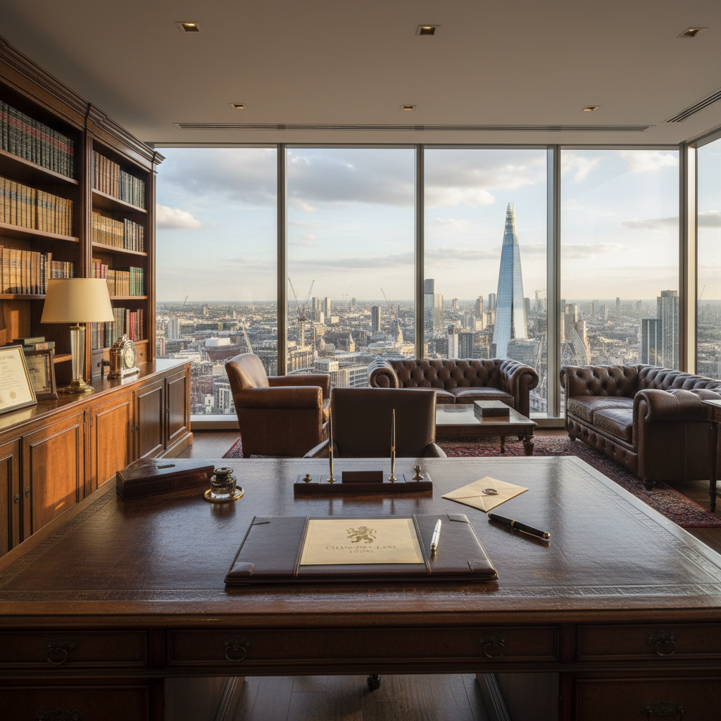 A professional legal office in London with a view of the City skyline, featuring a leather-bound desk and high-end stationery to represent prestige and reliability.