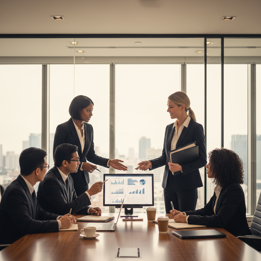 A diverse group of professional lawyers in a modern, glass-walled conference room discussing legal strategy, conveying a sense of teamwork and expertise.