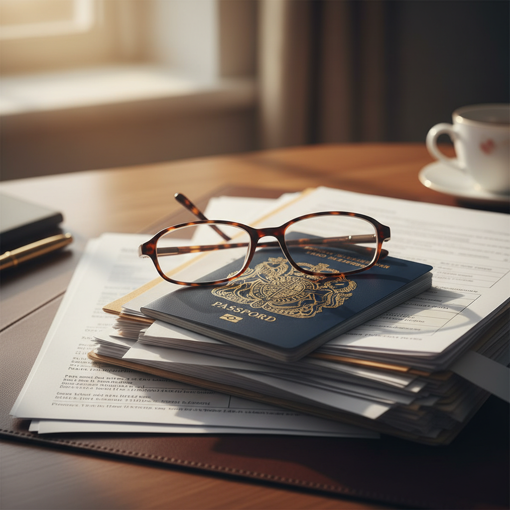 A close-up of a British passport resting on a stack of legal documents with a pair of reading glasses, symbolizing the successful end-goal of the immigration process.