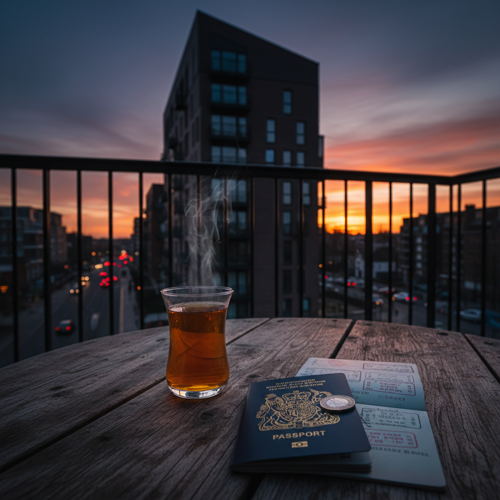 A high-quality photo of a modern UK apartment building silhouetted against a sunset, with a glass of tea and a passport on a wooden table in the foreground to symbolize international investment.