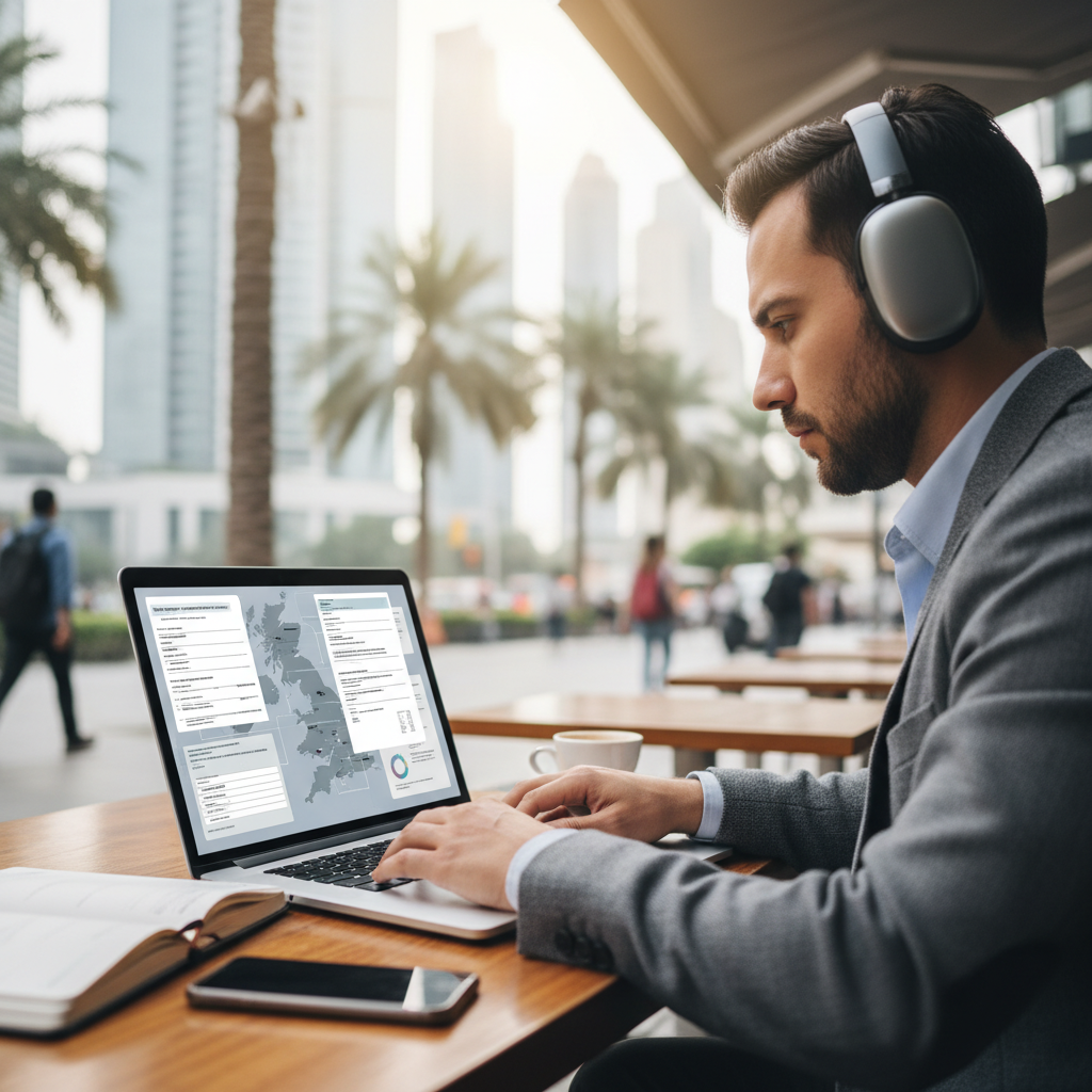 A professional person working on a laptop at a cafe in a foreign city like Dubai or Singapore, with a blurred UK map and mortgage documents on the screen.