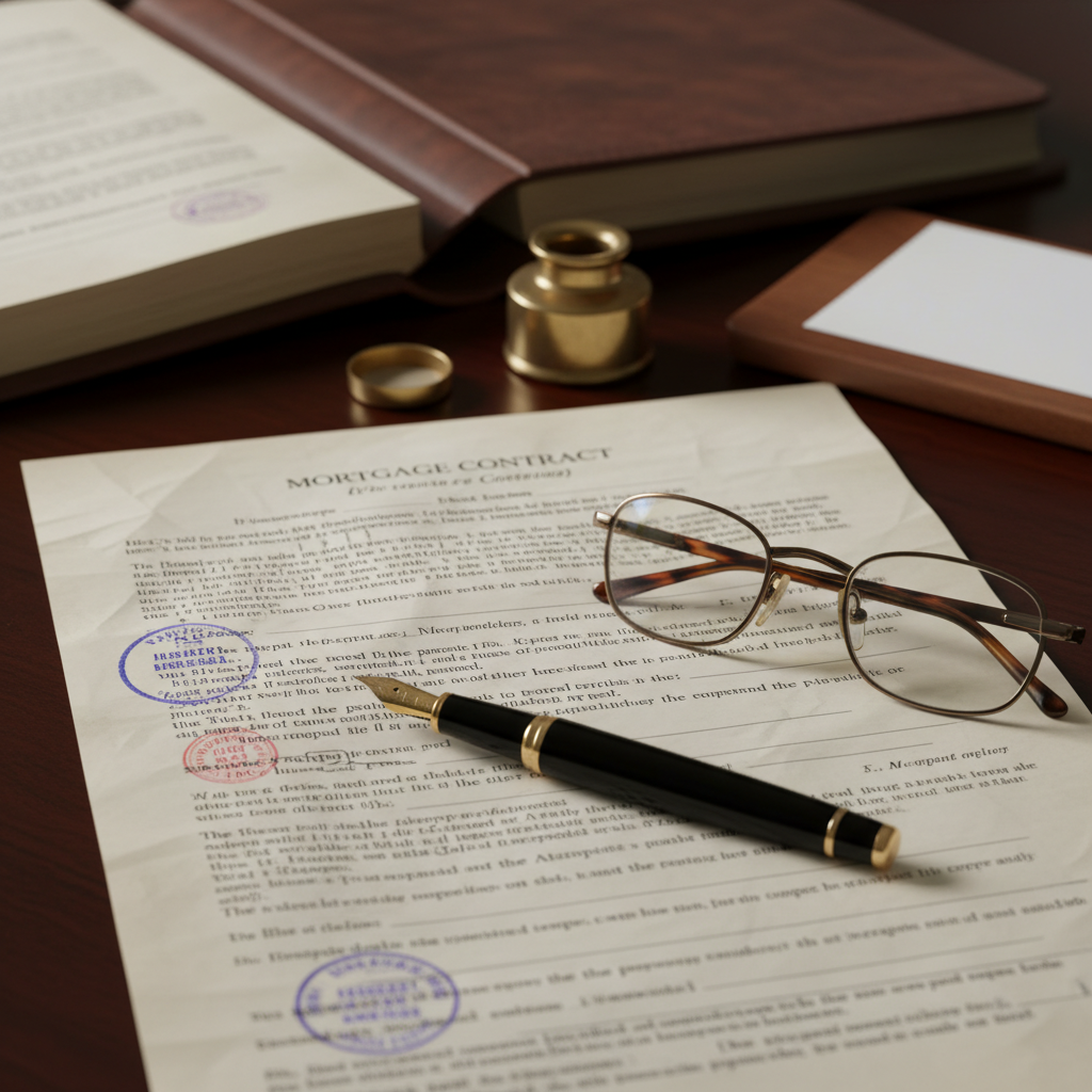 A close-up of a fountain pen resting on a mortgage contract with a pair of reading glasses, emphasizing the official and technical nature of the process.
