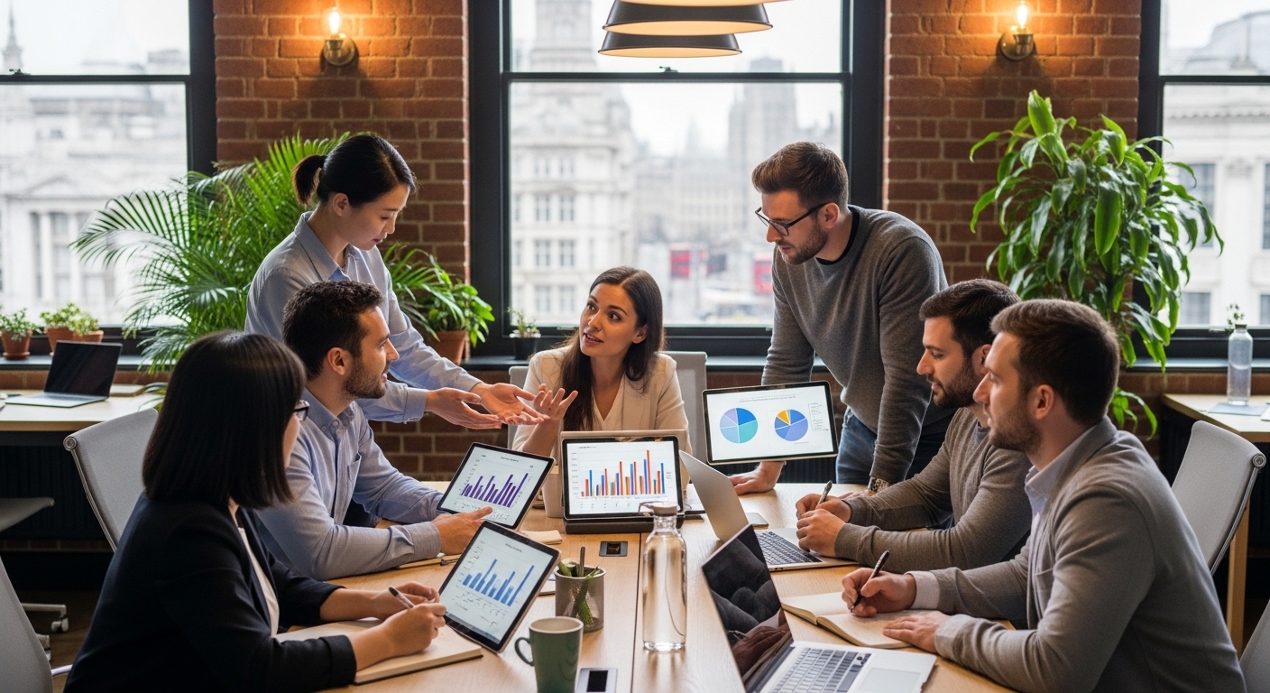 A diverse group of entrepreneurs discussing strategy in a bright, modern London co-working space, with digital tablets showing financial charts.