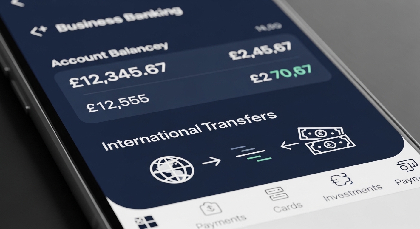 A close-up of a smartphone screen showing a sleek business banking app interface with British Pound symbols and international transfer icons.