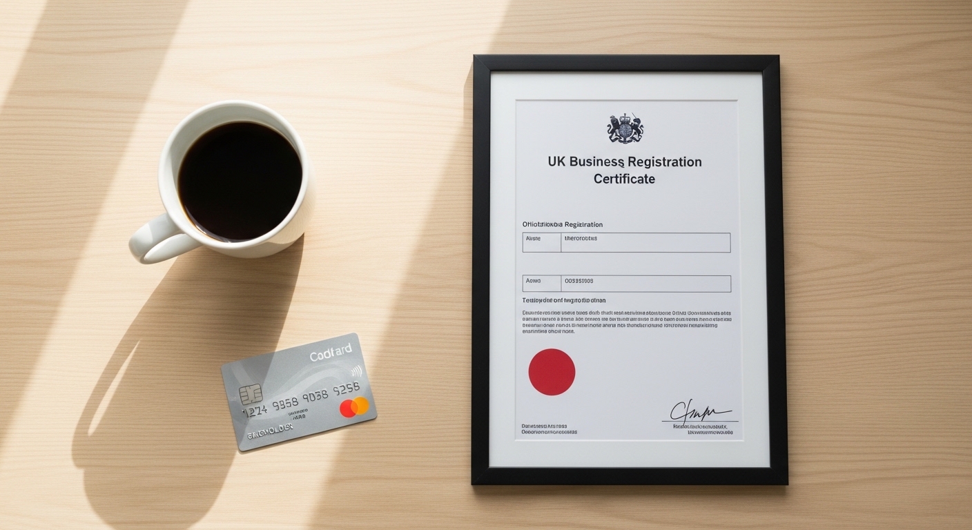 An overhead view of a clean workspace featuring a cup of coffee, a UK business registration certificate, and a silver credit card.