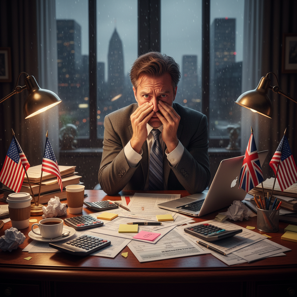 A professional man looking stressed at a desk covered in US and UK flags, calculators, and tax forms, cinematic lighting.