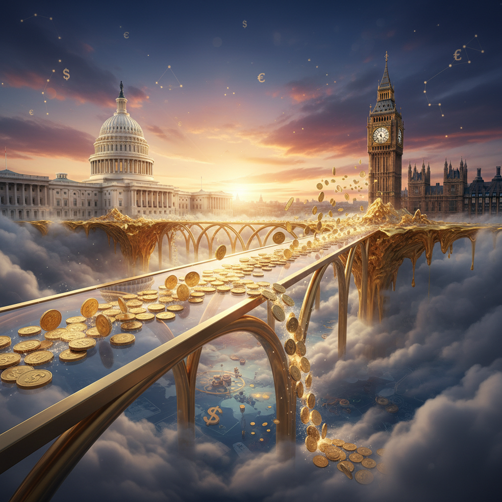 A conceptual illustration of a bridge connecting the US Capitol and the Big Ben clock tower with gold coins flowing across.