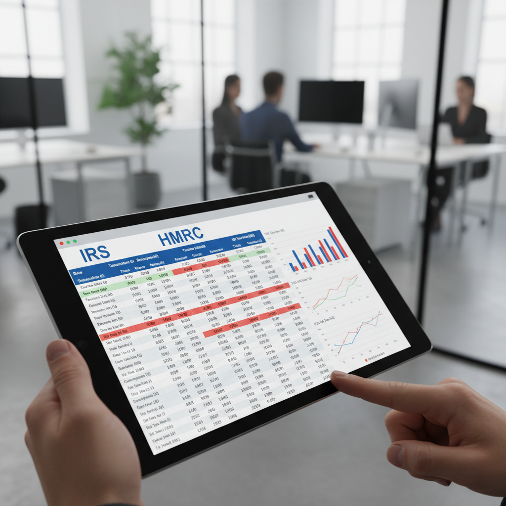 Close up of a digital tablet showing a complex financial spreadsheet with IRS and HMRC headers, modern office background.