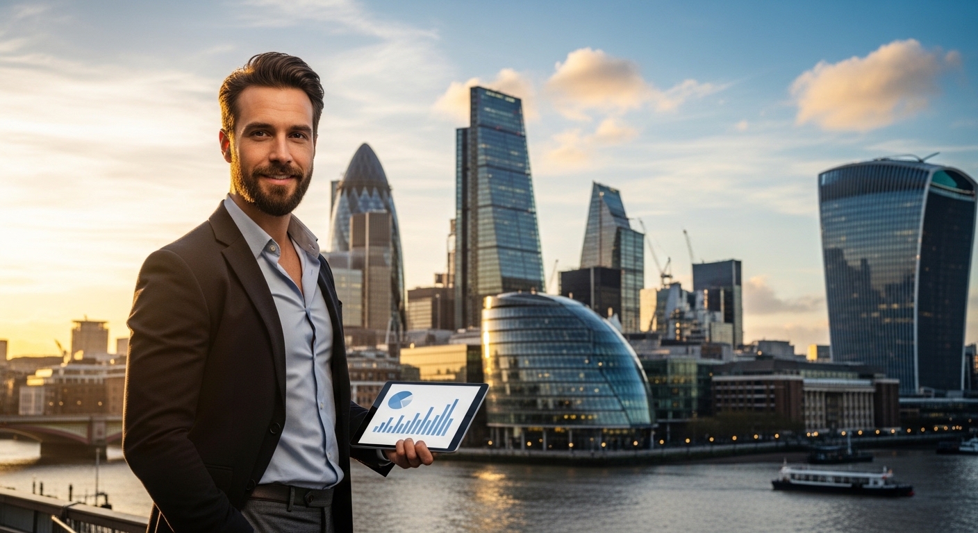 A professional expat entrepreneur standing in front of the modern London skyline near the Gherkin and Shard buildings, looking confident and holding a digital tablet, cinematic lighting, hyper-realistic style.