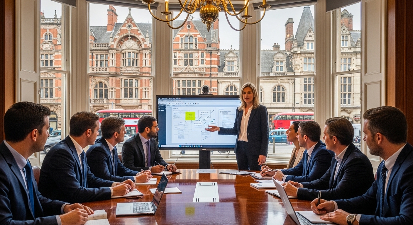 A high-end corporate boardroom meeting in a British office, diverse group of professionals discussing strategy, large windows overlooking a historic UK street, professional photography style.