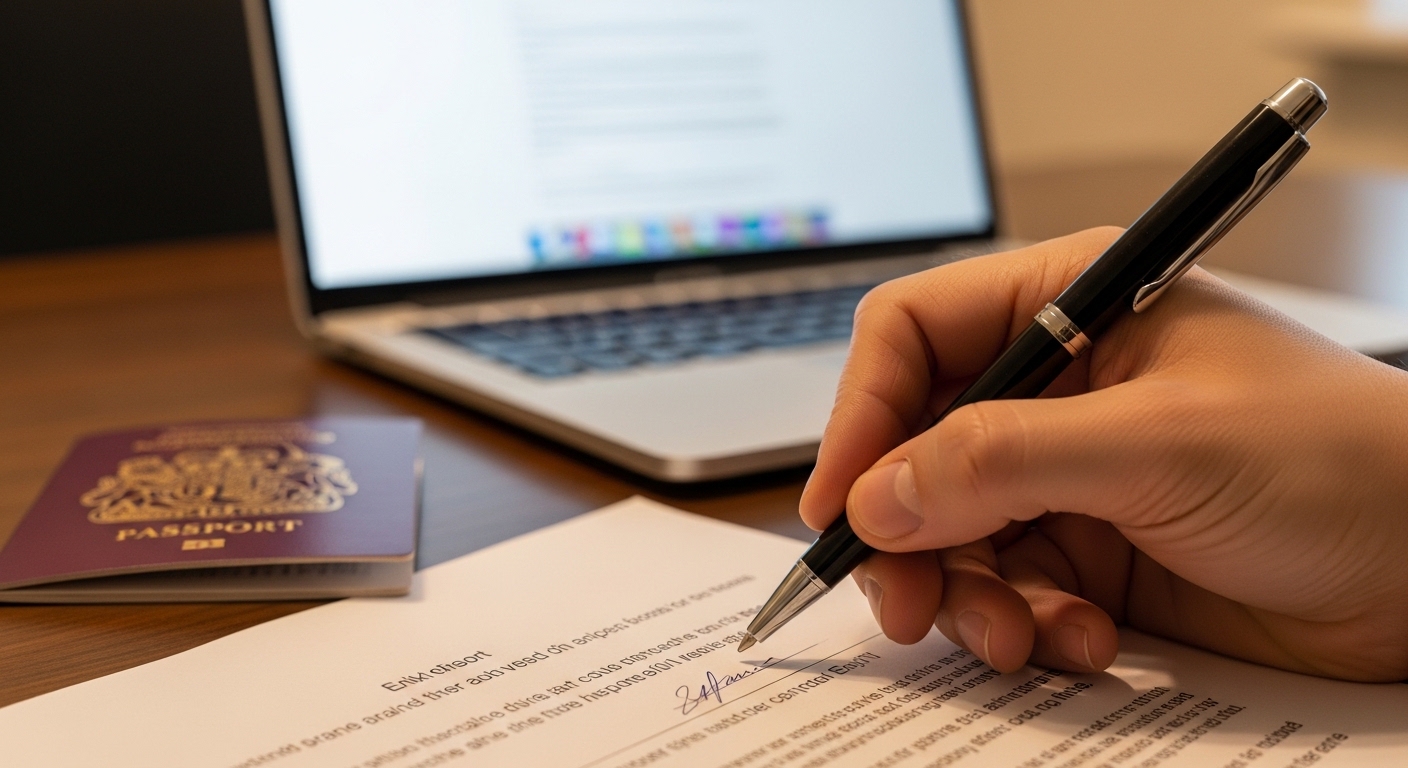 Close-up of a hand signing a legal document with a British passport and a laptop in the background, warm office lighting, shallow depth of field, sharp focus on the pen.