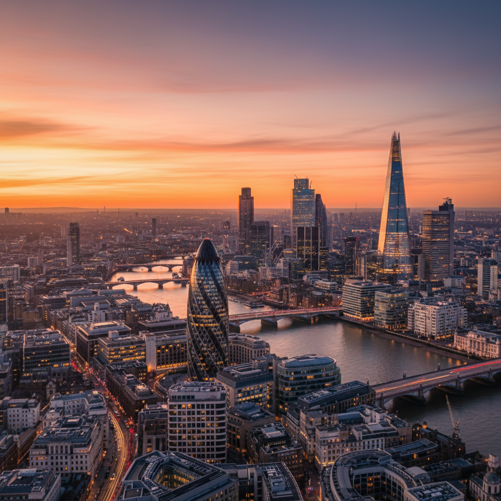 A wide shot of the London skyline featuring the Gherkin and Shard buildings at sunset, representing the financial heart of the UK, in a cinematic professional photography style.
