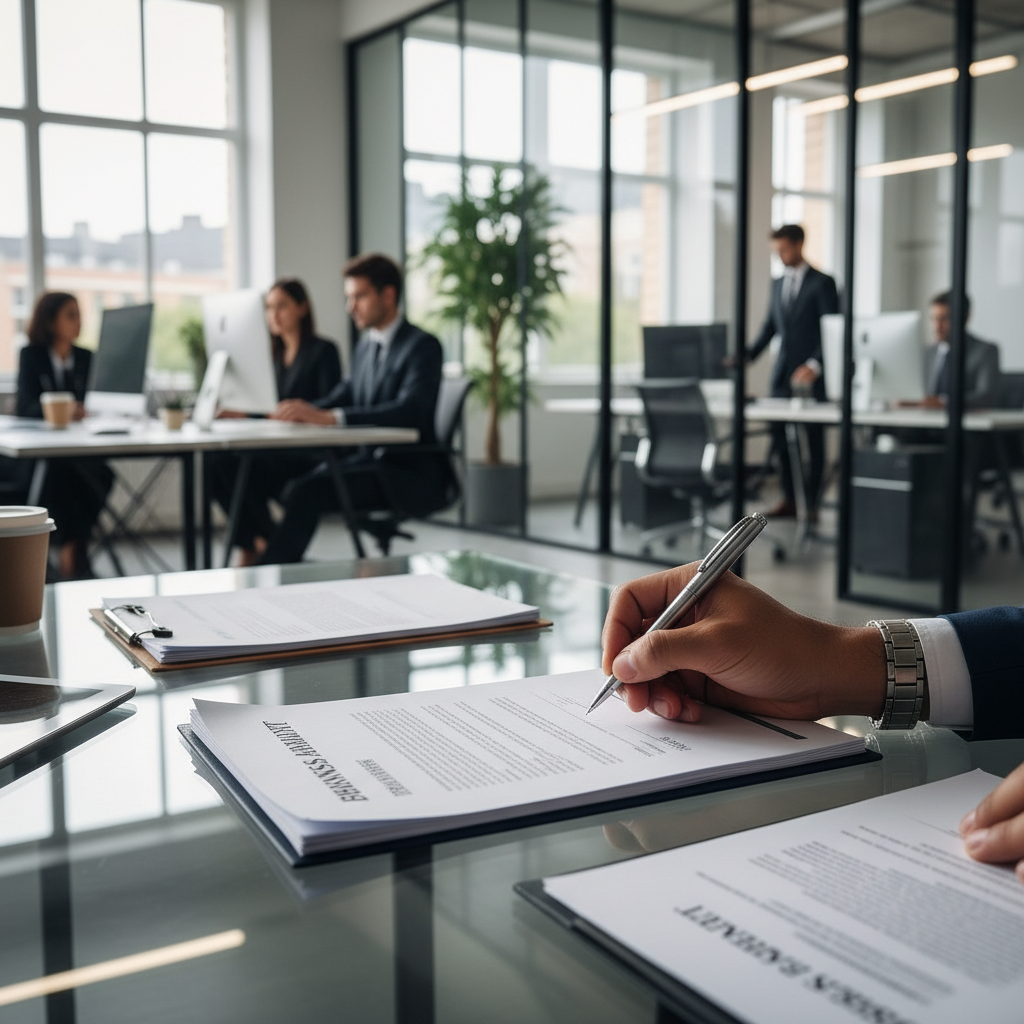 Close-up of a diverse hand signing a formal business grant agreement on a glass desk with a blurred modern office background.