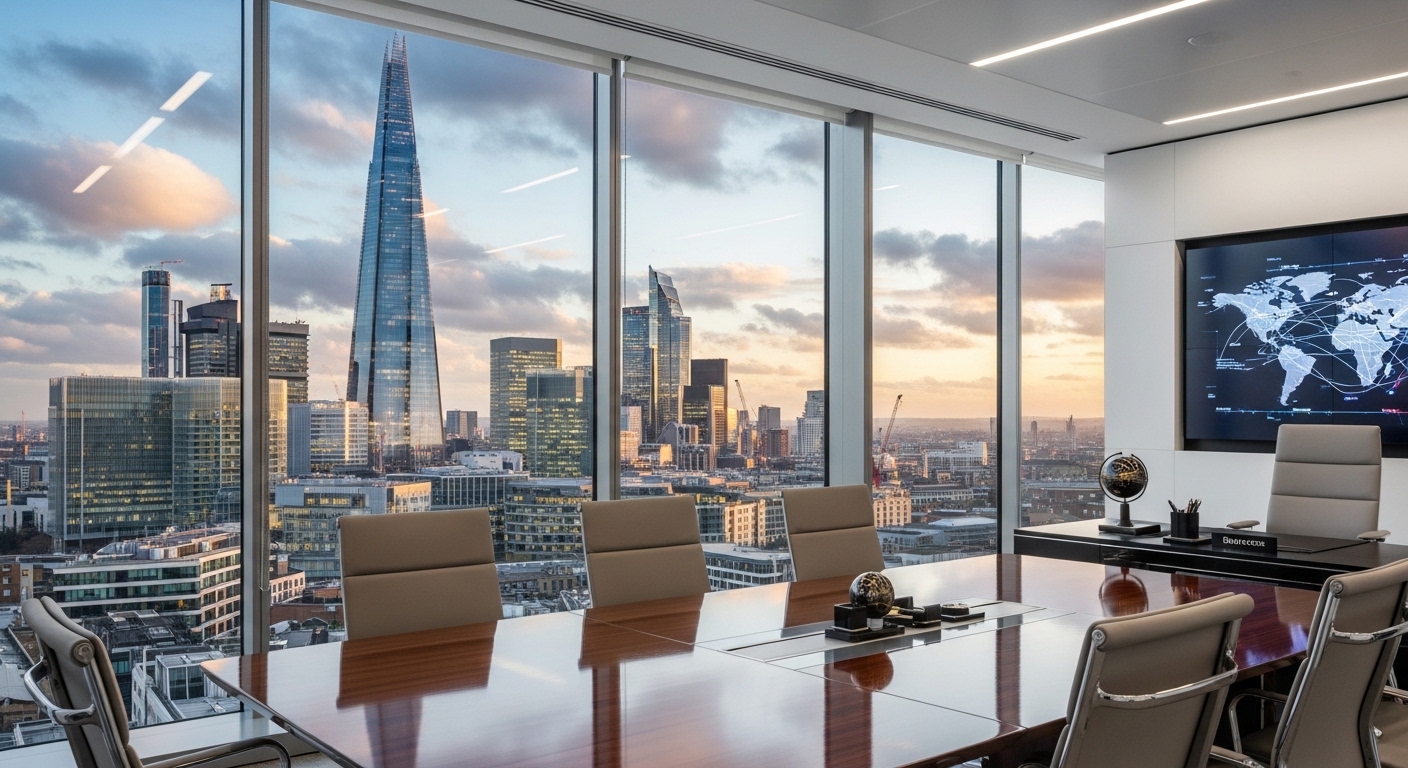 A professional modern office view in London with the Shard and city skyline in the background, symbolizing global business opportunities.