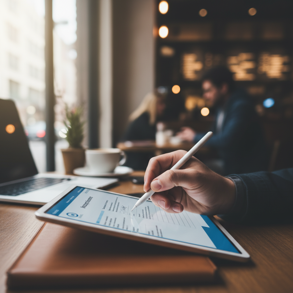 A high-quality close-up of a hand signing digital incorporation documents on a tablet, with a blurred background of a cosmopolitan cafe.