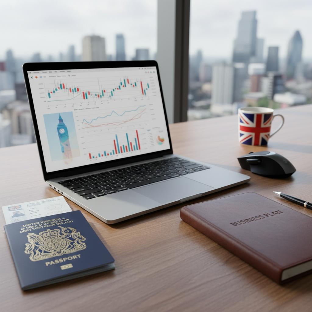 An organized desk featuring a laptop showing financial charts and a British passport, representing the fusion of international identity and UK business.